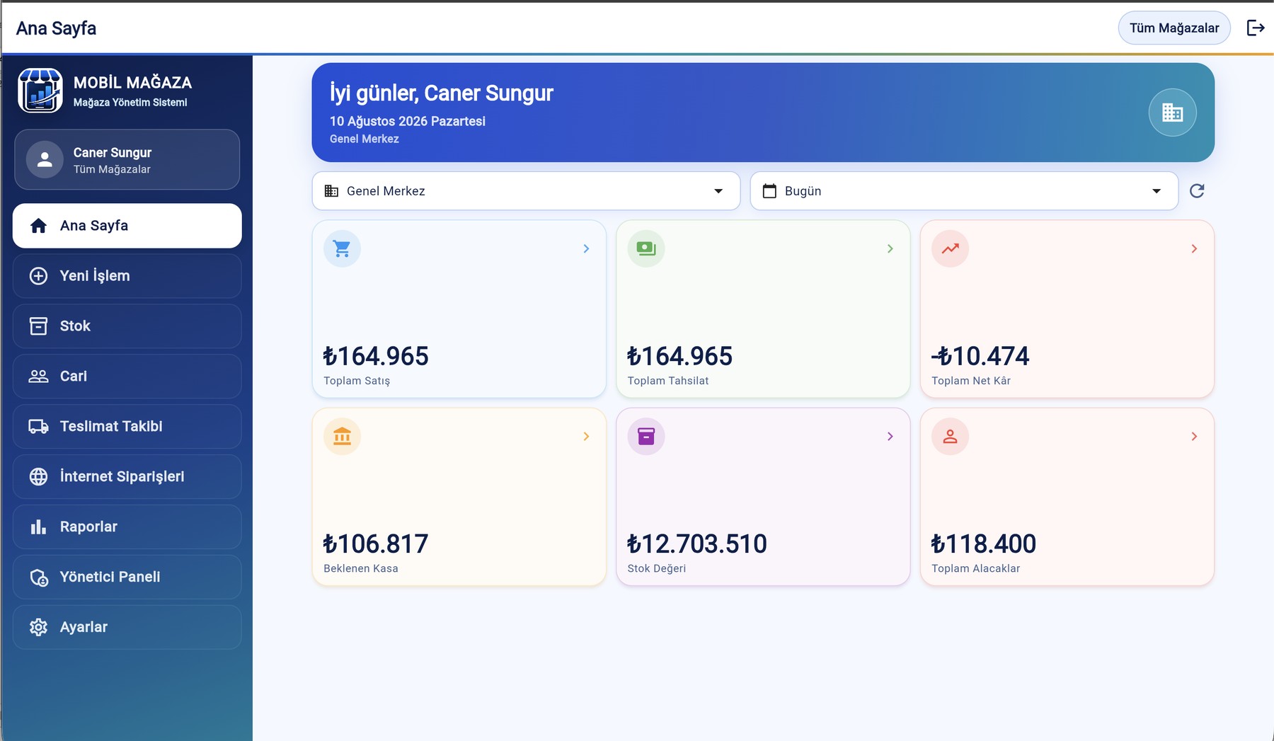 MAGO ERP canlı demo uygulamasının ana ekranı